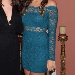Turquoise Lace Long Sleeve Off Shoulder Dress